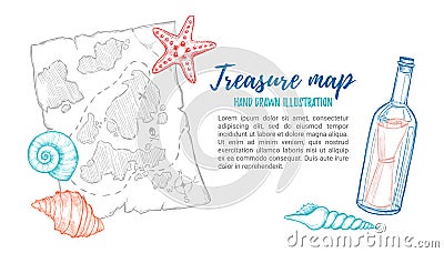 Hand drawn vector illustration - treasure map with sea shells, s Vector Illustration