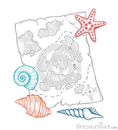 Hand drawn vector illustration - treasure map with sea shells an Vector Illustration