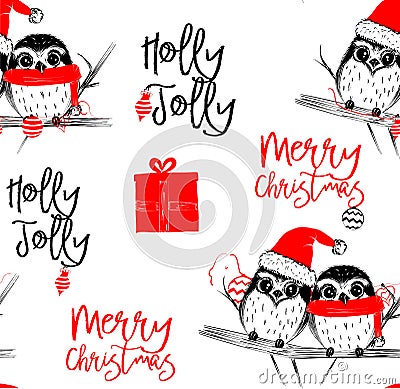 Hand drawn vector illustration with two cute owls celebrating celebrating a Merry Christmas - seamless pattern Vector Illustration