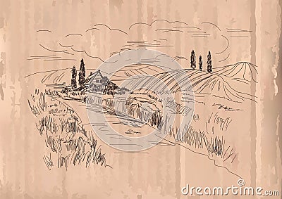 Hand drawn vector Illustration of wheat fields and village house. Ink drawing in vintage style on cardboard background Vector Illustration