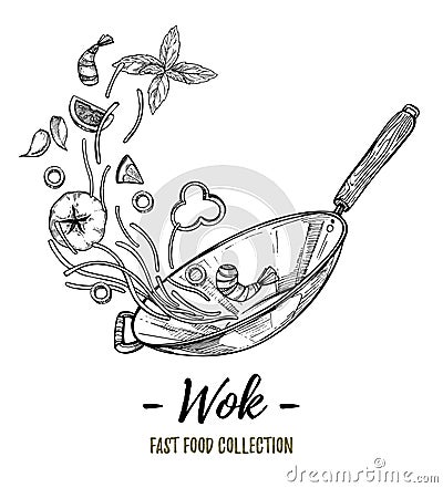 Hand drawn vector illustration - Wok. Wok pan, chinese noodles, Vector Illustration