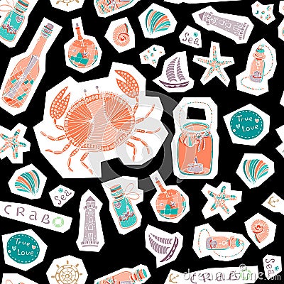 Hand-drawn vector illustrations-a collection of shells, stars. Marine set. Seamless pattern Vector Illustration