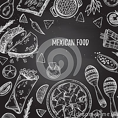 Hand drawn vector illustrations - Mexican food tacos, nachos, b Vector Illustration