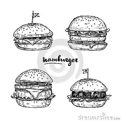 Hand drawn vector illustrations - Set of Hamburgers. Sketch coll Vector Illustration