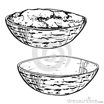 Hand drawn vector ink illustration. Bowl, empty and with sauce salsa guacamole bolognese pesto. Single object isolated Vector Illustration