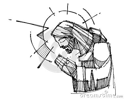 Jesus Christ praying ink illustration Vector Illustration