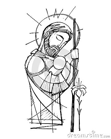 Saint Joseph and baby Jesus ink illustration Vector Illustration