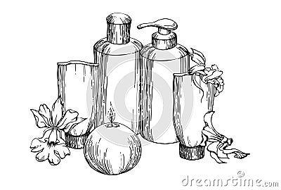 Hand drawn vector ink spa skincare bath beauty products package flowers. Horizontal composition Isolated on white Vector Illustration