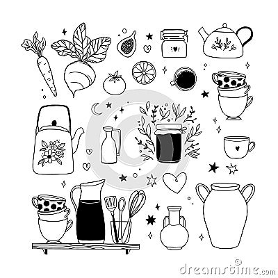 Hand drawn vector linear illustration - Set of kitchen items: cups, cans, food, vegetables, teapot, vase, ceramics. Hygge. Cozy Vector Illustration
