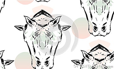 Hand drawn vector lined abstract ink graphic horses mirror heads seamless pattern isolated on white background Vector Illustration