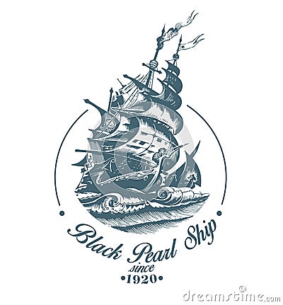 Hand drawn vector logo of vintage sailing ship in the sea Vector Illustration