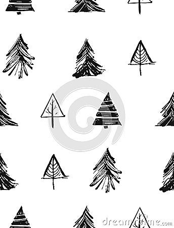 Hand drawn vector Merry Christmas rough freehand graphic design elements seamless pattern with ink scandinavian Vector Illustration