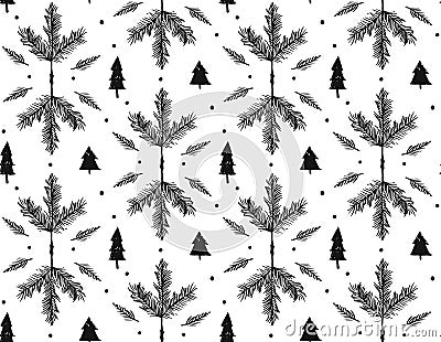 Hand drawn vector Merry Christmas rough freehand graphic design elements seamless pattern with ink scandinavian Vector Illustration