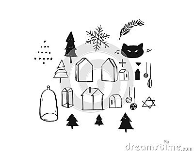 Hand drawn vector Merry Christmas rough freehand graphic greeting design elements collection set with ink scandinavian Vector Illustration