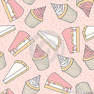 Hand drawn vector pastry seamless pattern with cake and tart pie Vector Illustration