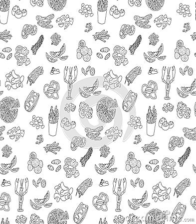 Hand drawn vector pattern of beer snacks. Vector Illustration