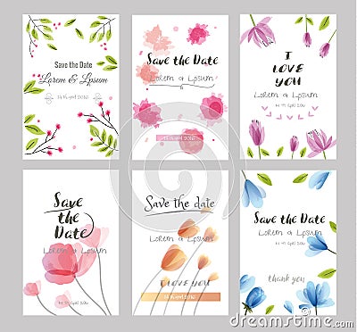 Hand drawn vector save the date set, watercolor invitation template with flower.vector Vector Illustration