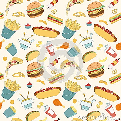 Hand-drawn vector seamless fast food pattern Vector Illustration