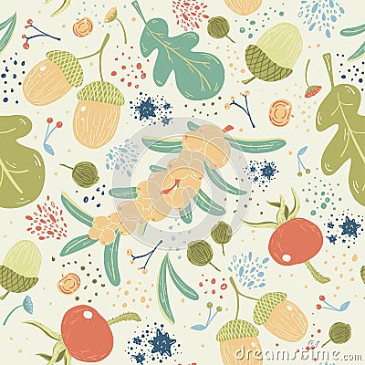 Hand drawn vector seamless pattern with autumn elements; acorns, leaf, berries and seeds Vector Illustration