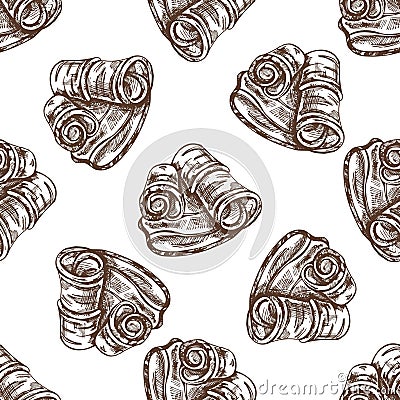 Hand-drawn vector seamless pattern of bacon in engraved vintage style. Hand-drawn monochrome pattern of hamon or pork meat, ham Vector Illustration