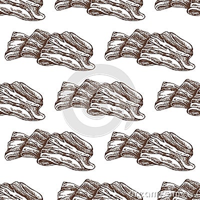 Hand-drawn vector seamless pattern of bacon in engraved vintage style. Hand-drawn monochrome pattern of hamon or pork meat, ham Vector Illustration