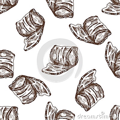 Hand-drawn vector seamless pattern of bacon in engraved vintage style. Hand-drawn monochrome pattern of hamon or pork meat, ham Vector Illustration