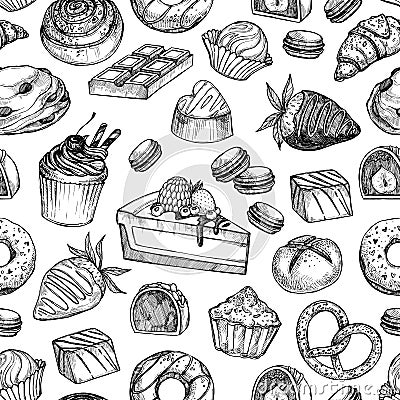 Hand drawn vector seamless pattern - collection of goodies, sweets, cakes and pastries. Background in sketch style for confection Vector Illustration