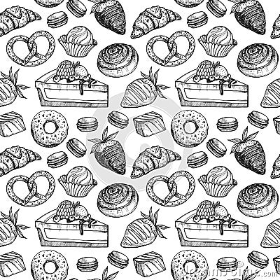 Hand drawn vector seamless pattern - collection of goodies, sweets, cakes and pastries. Background in sketch style for confection Vector Illustration