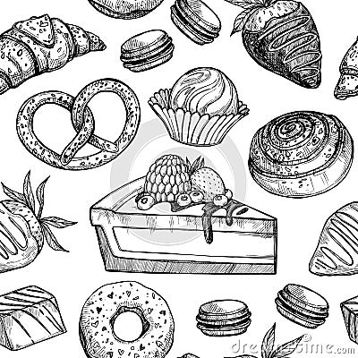 Hand drawn vector seamless pattern - collection of goodies, sweets, cakes and pastries. Background in sketch style for confection Vector Illustration