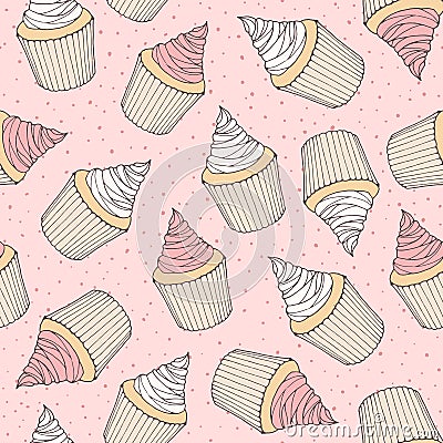 Hand drawn vector seamless pattern with cupcakes and muffins wit Vector Illustration