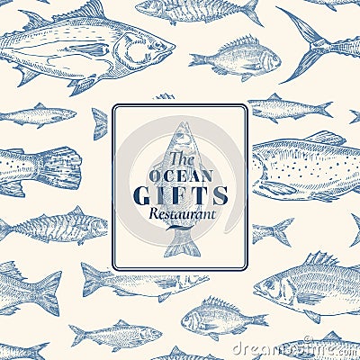Hand Drawn Vector Seamless Pattern. Fish Package Card or Cover Template with Sea Bass Ocean Gifts Emblem. Herring Vector Illustration