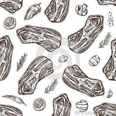 Hand-drawn vector seamless pattern of hamon or pork meat, ham slice with with herbs, garlic and mushrooms. Italian prosciutto Vector Illustration