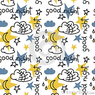 Hand drawn vector seamless pattern. The inscription Good night, clouds, stars, moon. White background Stock Photo