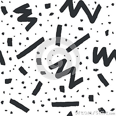 Hand drawn vector seamless pattern in memphis style with stripes, zigzag and blobs on white background Vector Illustration