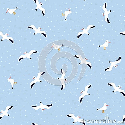 Hand drawn vector seamless pattern of nautical birds - marine seagulls. Vector Illustration