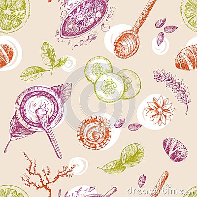 Hand drawn vector seamless pattern, organic cosmetics, spa. Vector Illustration