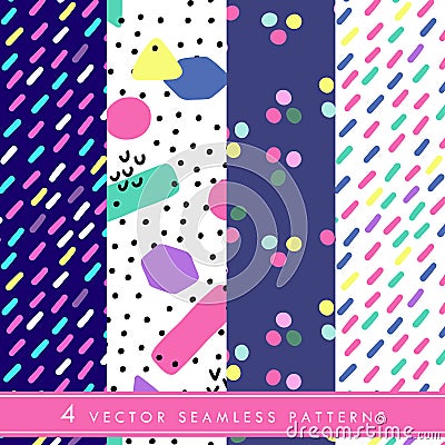 Hand drawn vector seamless pattern in retro memphis style. 80s disco style ornament in bright colors for fabric, wrapping paper, Stock Photo