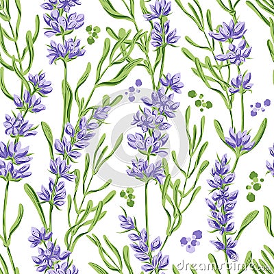 Hand drawn vector seamless pattern in retro style with violet lavender flowers and leaves Vector Illustration