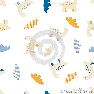 Hand drawn vector seamless pattern of spotted dinosaurs and striped clouds. Vector Illustration