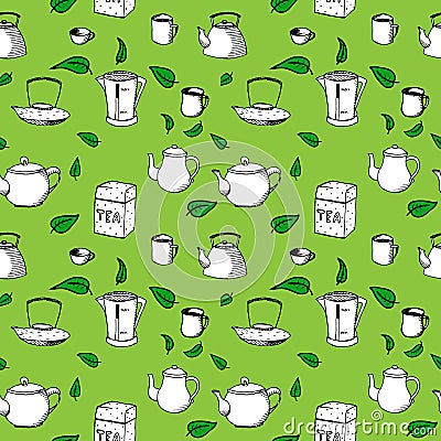 Hand drawn vector seamless pattern - tea, cups and Vector Illustration
