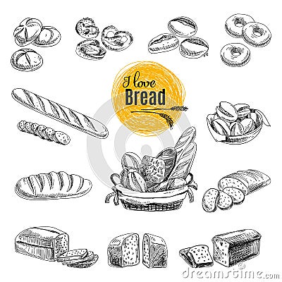 Hand drawn vector set of bakery products. Sketch Vector Illustration