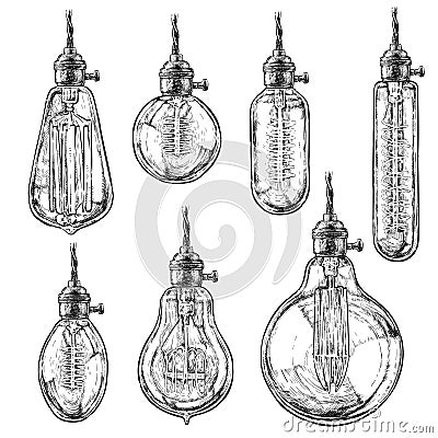 Hand drawn vector set of different geometric Edison loft lamps. Vintage light bulbs. Edison lamp with modern chandelier Vector Illustration