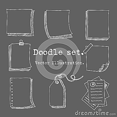 Hand drawn vector set of paper sheet, pack of paper, tag, sticky note, notepad page with pin, scotch tape and paperclip. Chalk ske Vector Illustration