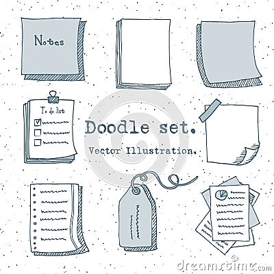 Hand drawn vector set of paper sheet, pack of paper, tag, sticky note, notepad page with pin, scotch tape and paperclip. Doodle st Vector Illustration