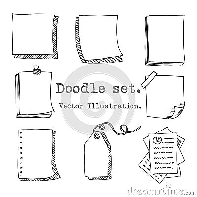 Hand drawn vector set of paper sheet, pack of paper, tag, sticky note, notepad page with pin, scotch tape and paperclip. Doodle st Vector Illustration