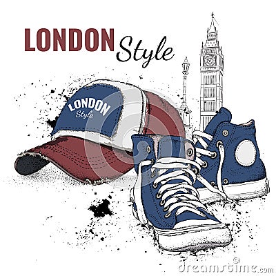 Hand drawn Vector sneakers and cap. London background. Vector illustration Vector Illustration