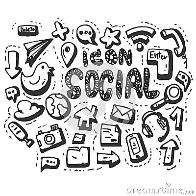 Hand Drawn Vector social media icons set isolated on white background. symbols Vector Illustration