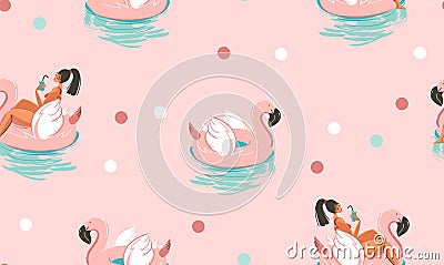Hand drawn vector stock abstract cute summer time cartoon illustrations seamless pattern with unicornand flamingo Vector Illustration