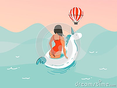 Hand drawn vector stock abstract graphic illustration with a girl in a swimsuit swimming with a unicorn rubber ring Vector Illustration