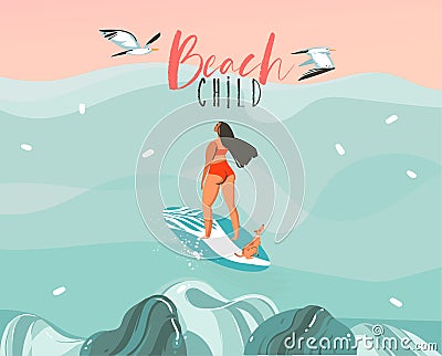 Hand drawn vector stock abstract graphic illustration with a surfer girl surfing with a dog and seagulls isolated on Vector Illustration